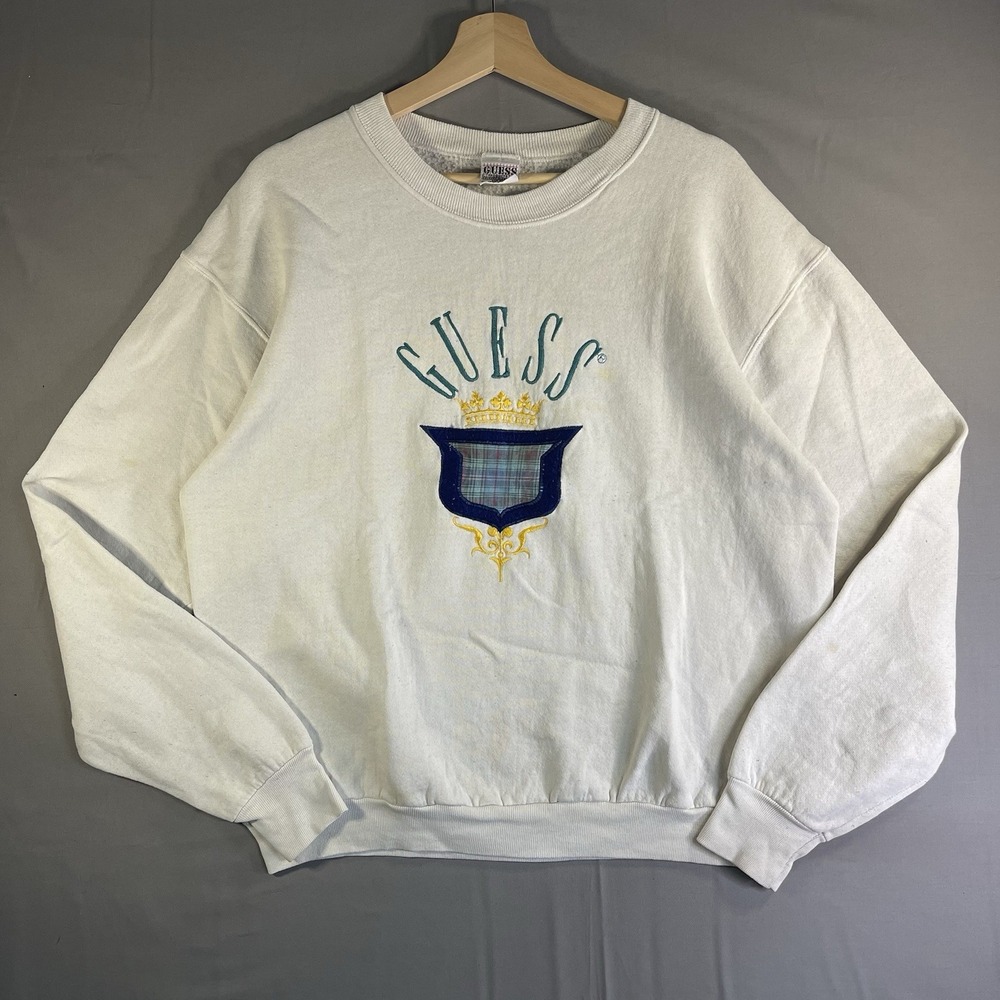 Vintage 90s Guess Embroidered Crewneck Sweater Men's Large White/Gray USA MADE